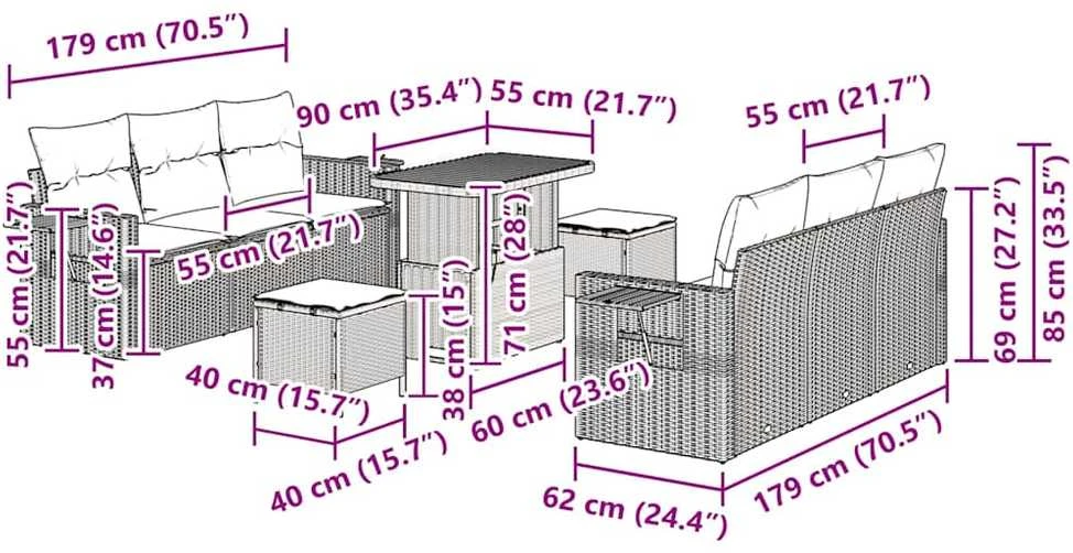 Sodo Sofų Rinkinys 9 vnt. 6-Vietų skaičius Bežinė ir kreminė