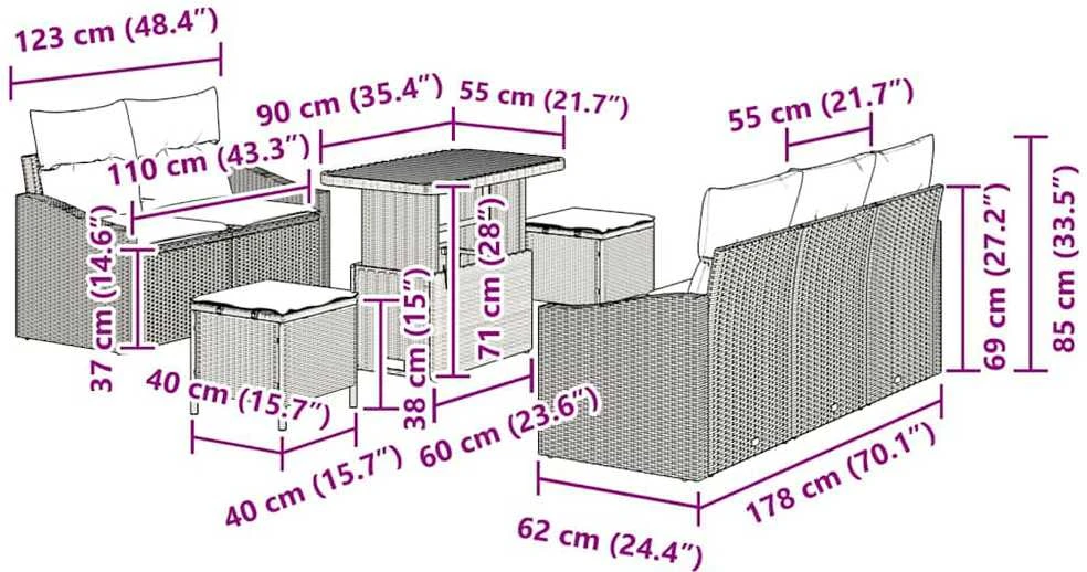Sodo Sofų Rinkinys 8 vnt. 7-Vietų skaičius Juoda ir kreminė