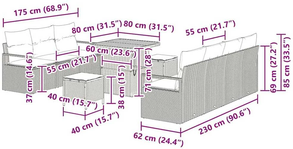 Sodo Sofų Rinkinys 10 vnt. 9-Vietų skaičius Juoda