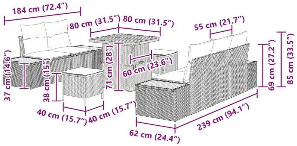 Sodo Sofų Rinkinys 8 vnt. 7-Vietų skaičius Juoda