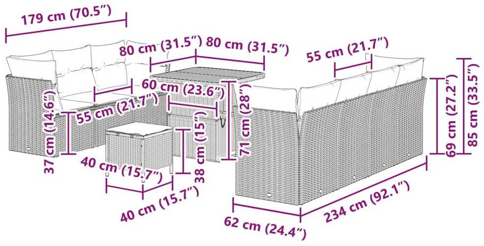Sodo Sofų Rinkinys su pagalve su saugykla 10 pcs Juoda