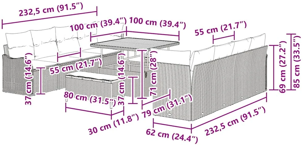 Sodo Sofų Rinkinys 11 vnt. 10-Vietų skaičius Juoda