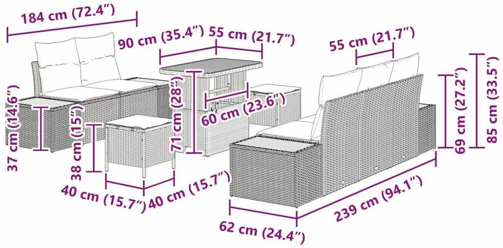Sodo Sofų Rinkinys 8 vnt. 7-Vietų skaičius Juoda