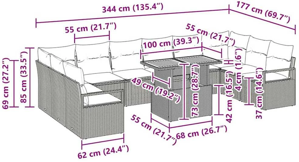 Lauko baldų komplektas Sodo Sofų Rinkinys 11 vnt. Pilka Poli ratanas