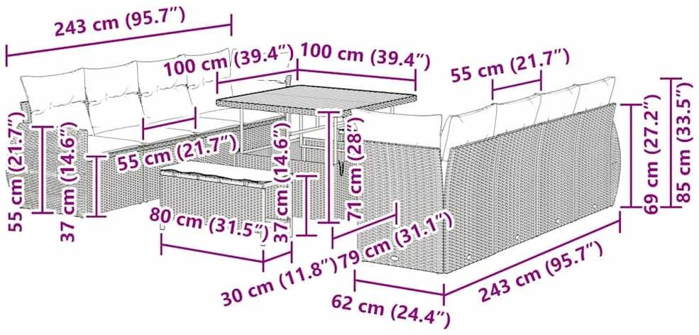 Lauko baldų komplektas Sodo Sofų Rinkinys 11 vnt. Pilka poliratanas