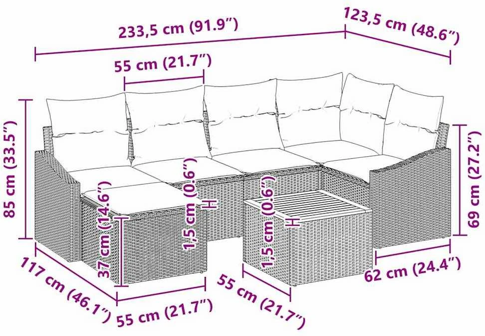 Lauko baldų komplektas Sodo Sofų Rinkinys 7 vnt. Pilka poliratanas