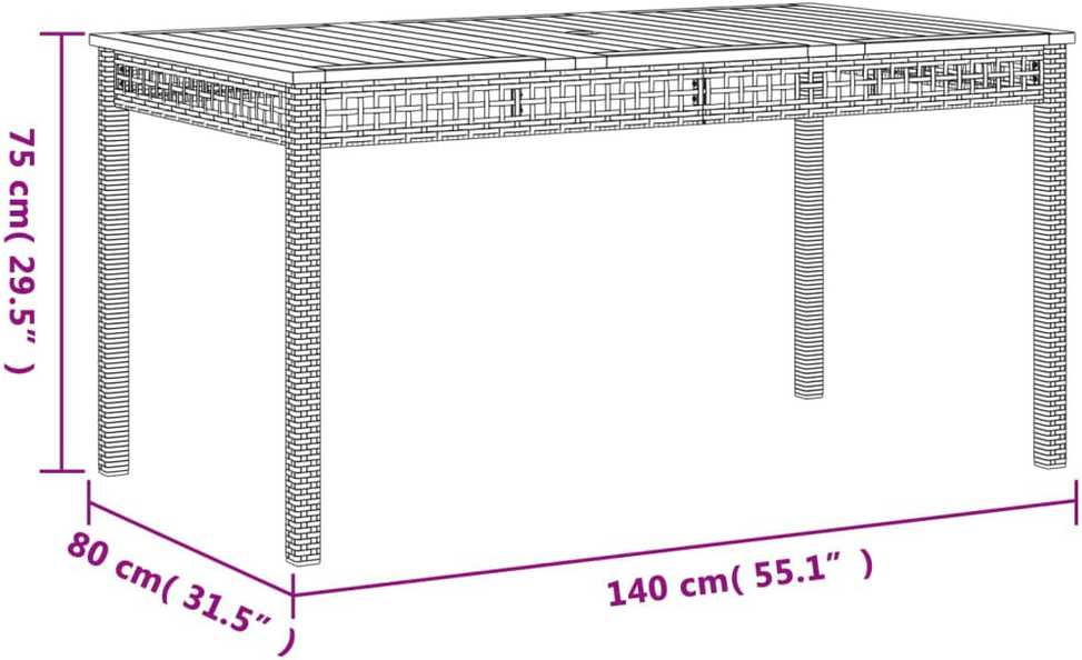 Sodo stalas, juodas, 140x80x75cm, poliratanas/akacijos mediena