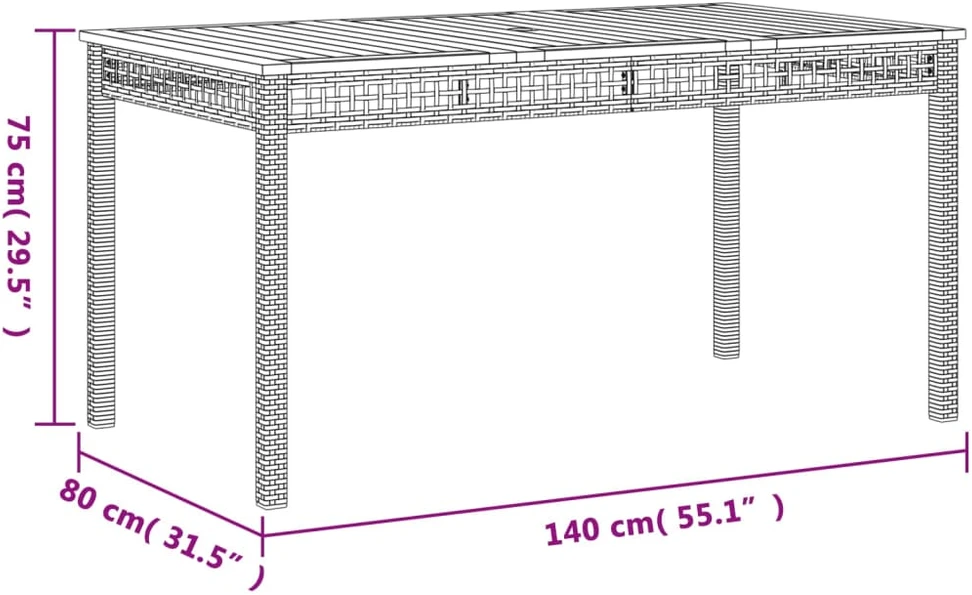 Sodo stalas, juodas, 140x80x75cm, poliratanas/akacijos mediena