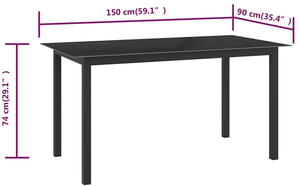 Sodo stalas, juodas, 150x90x74cm, aliuminis ir stiklas