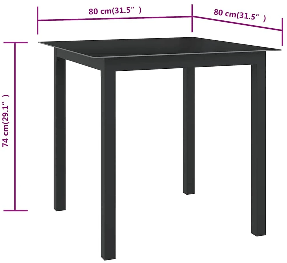 Sodo stalas, juodas, 80x80x74cm, aliuminis ir stiklas