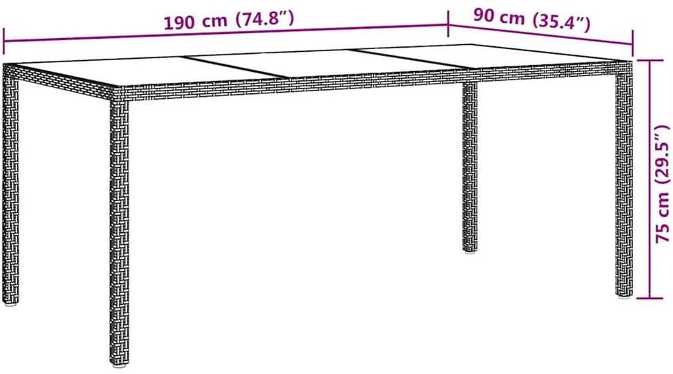 Sodo stalas, pilkas, 190x90x75cm, grūdintas stiklas/poliratanas