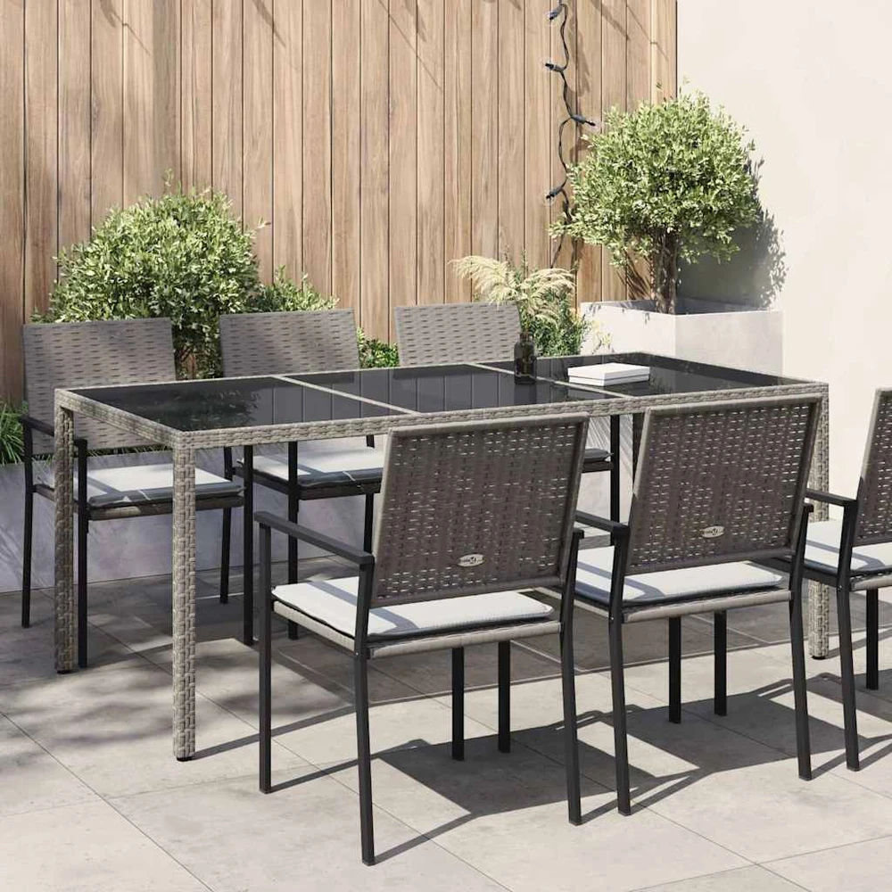 Sodo stalas, pilkas, 190x90x75cm, grūdintas stiklas/poliratanas