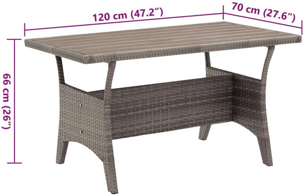 Sodo stalas, pilkos spalvos, 120x70x66cm, poliratanas