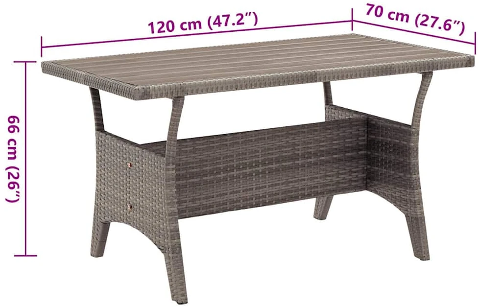 Sodo stalas, pilkos spalvos, 120x70x66cm, poliratanas