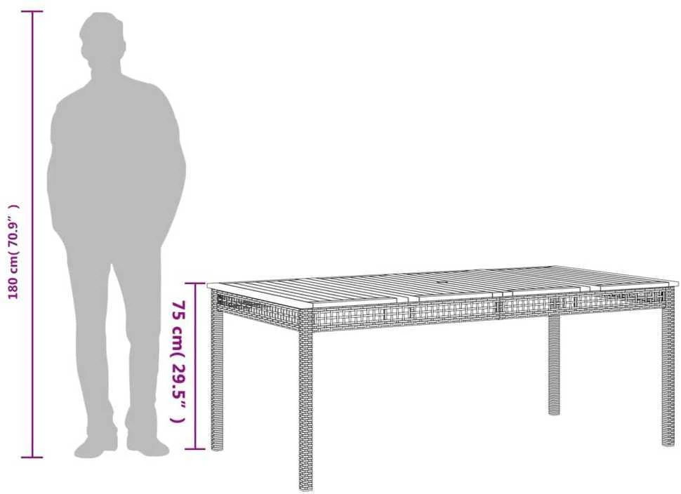 Sodo stalas, smėlio, 180x90x75cm, poliratanas/akacijos mediena