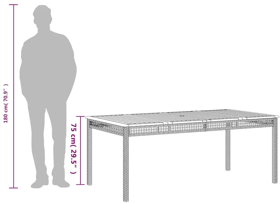 Sodo stalas, smėlio, 180x90x75cm, poliratanas/akacijos mediena
