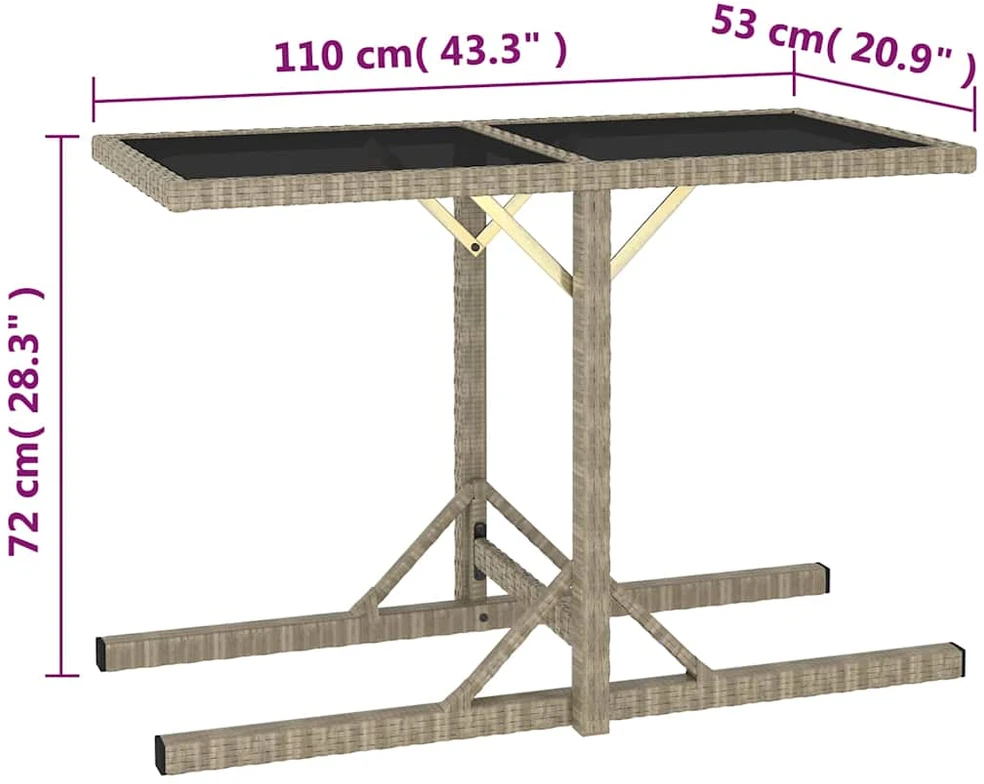Sodo stalas, smėlio spalvos, 110x53x72cm, stiklas, poliratanas