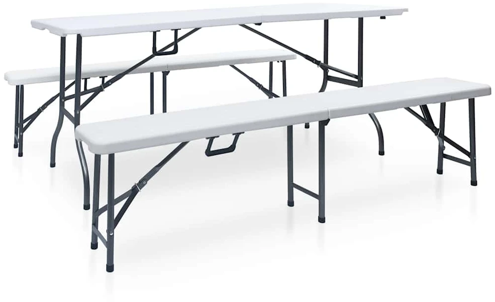 Sodo stalas su 2 suoliukais, baltas, 180cm, plienas ir HDPE