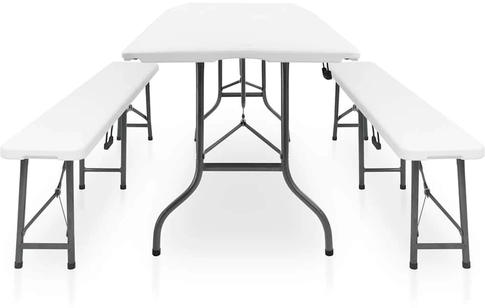 Sodo stalas su 2 suoliukais, baltas, 180cm, plienas ir HDPE