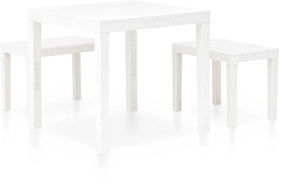 Lauko baldų komplektas Sodo stalas su 2 suoliukais, baltos spalvos, plastikas