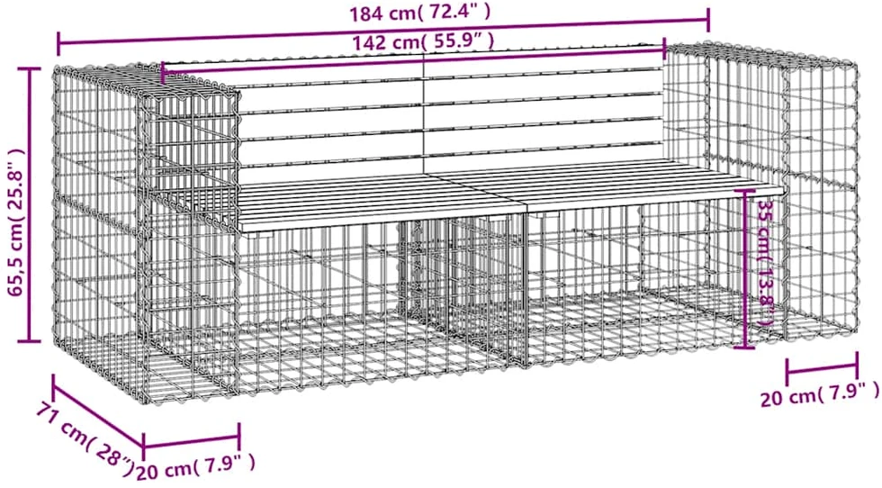 Sodo suoliukas, 184x71x65,5cm, douglas eglė, gabiono dizaino