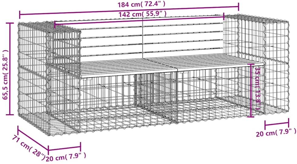 Sodo suoliukas, 184x71x65,5cm, pušies masyvas, gabiono dizaino