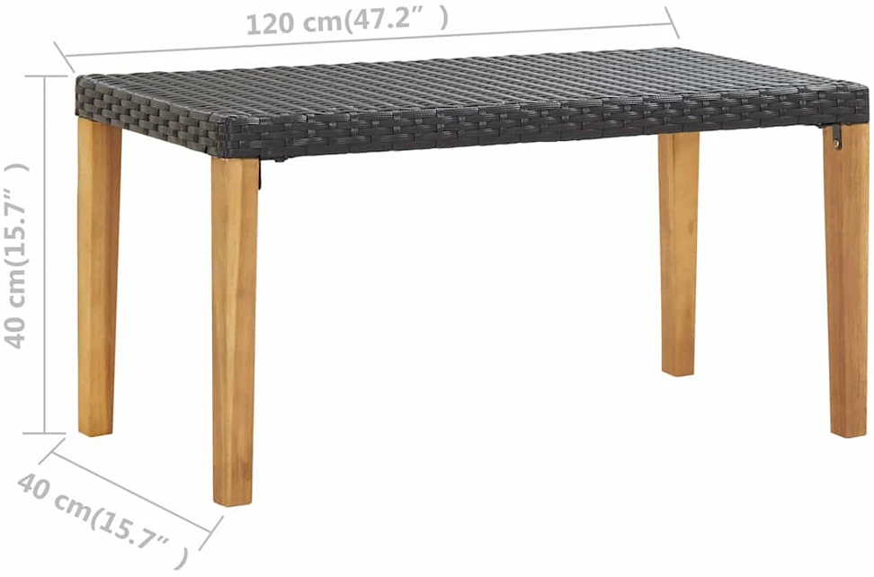 Sodo suoliukas, juodas, 120cm, poliratanas ir akacijos masyvas