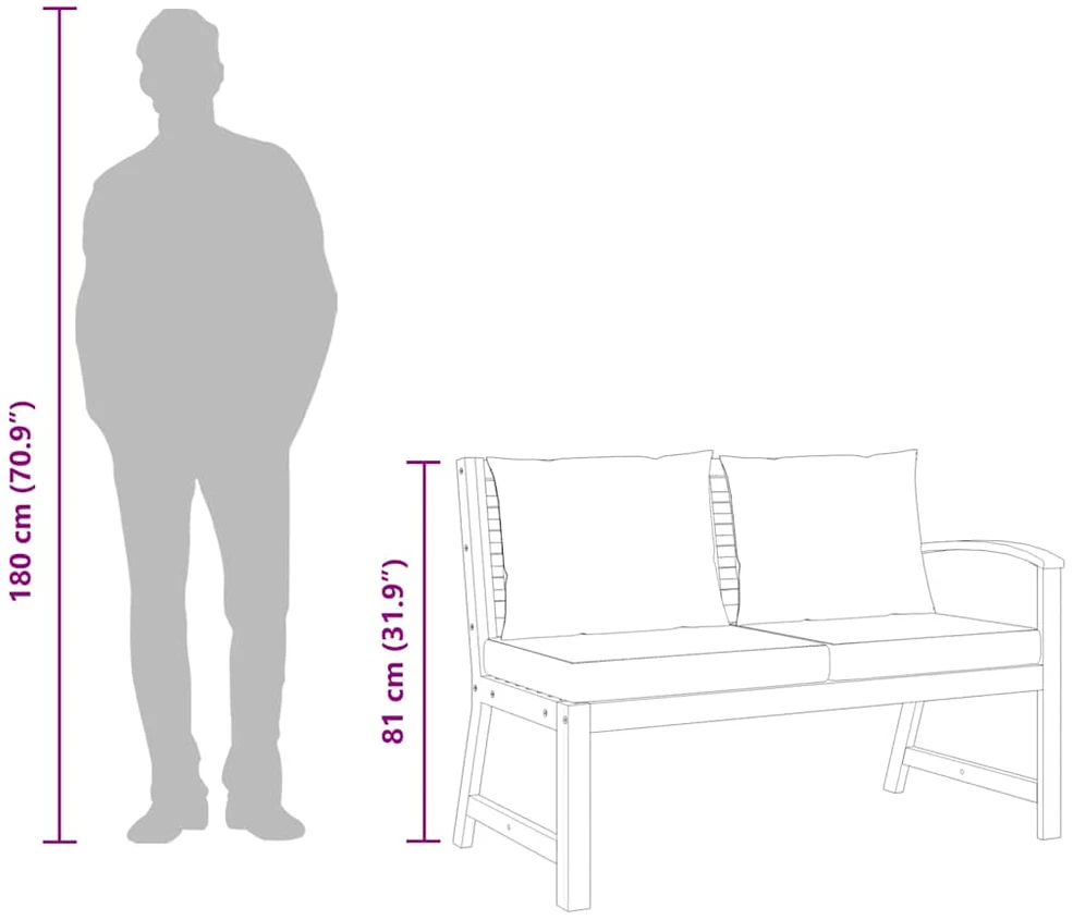 Sodo suoliukas su kreminėmis pagalvėlėmis, 114,5cm, akacija