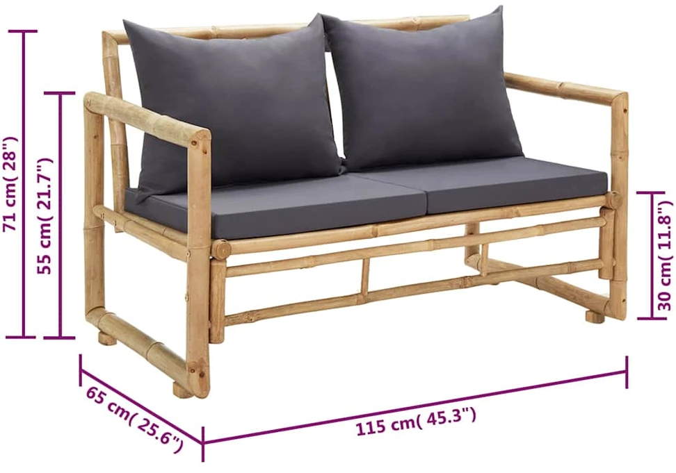 Sodo suoliukas su pagalvėlėmis, 115 cm, bambukas