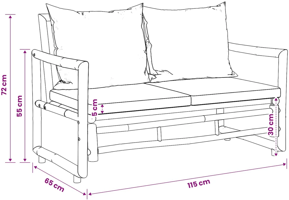 Sodo suoliukas su pagalvėlėmis, 115 cm, bambukas