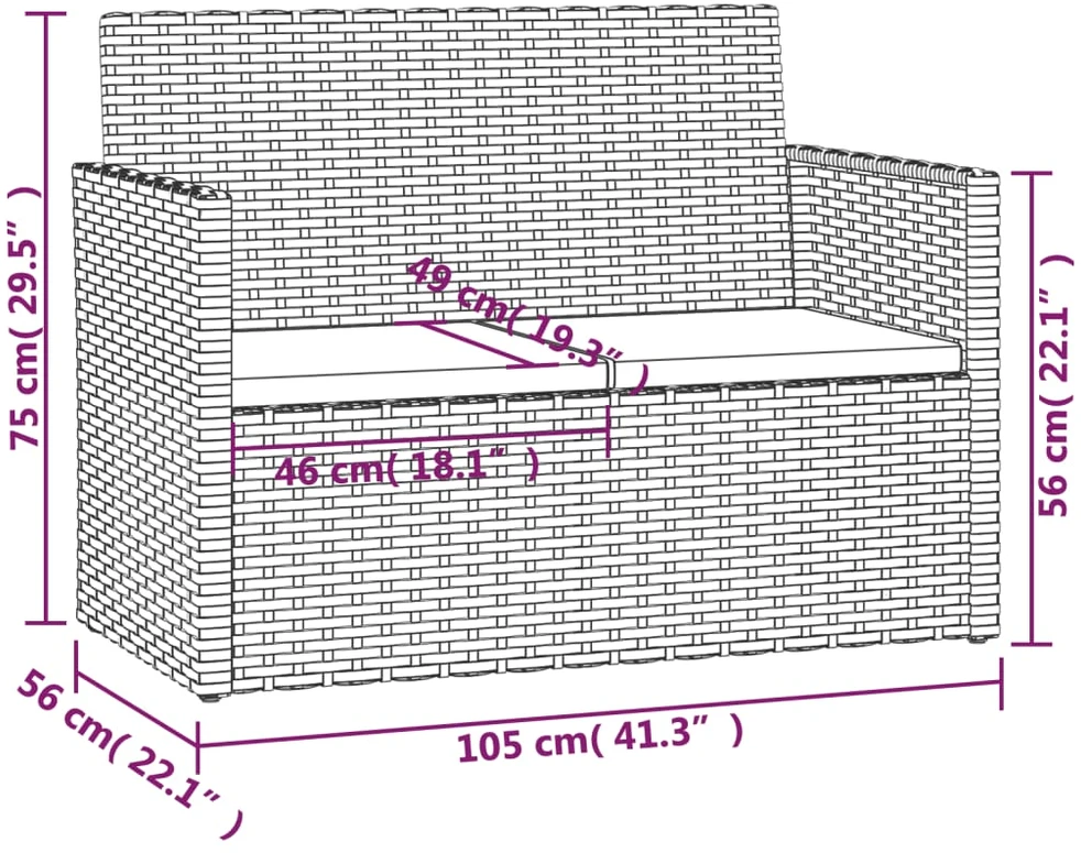 Sodo suoliukas su pagalvėlėmis, juodas, 105cm, poliratanas