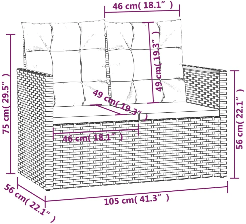 Sodo suoliukas su pagalvėlėmis, pilkas, 105cm, poliratanas