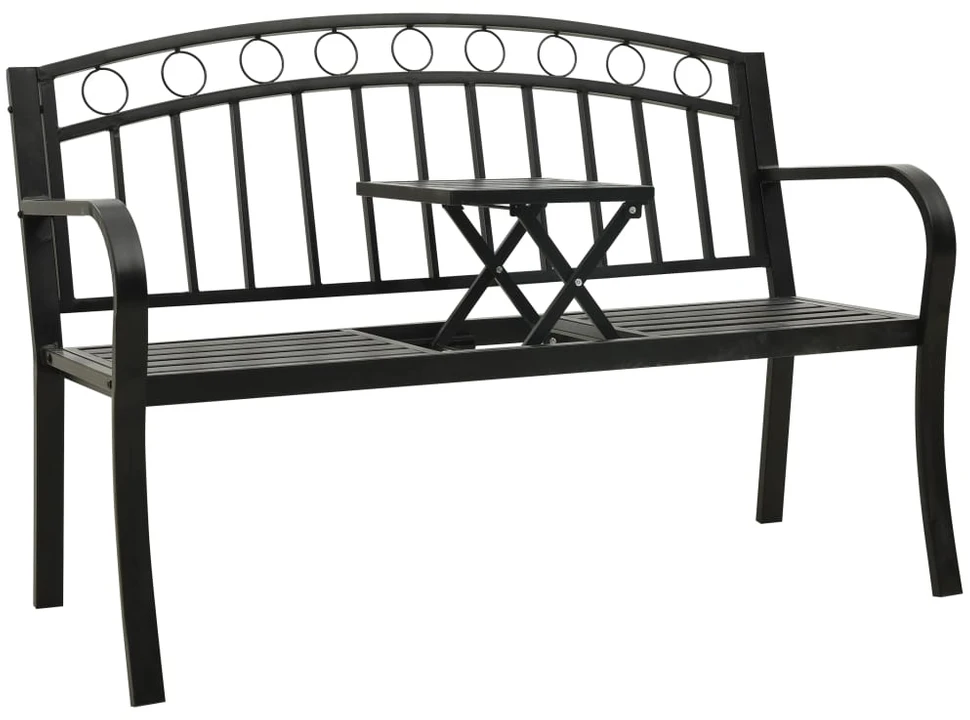 Sodo suoliukas su staliuku, juodos spalvos, 120cm, plienas