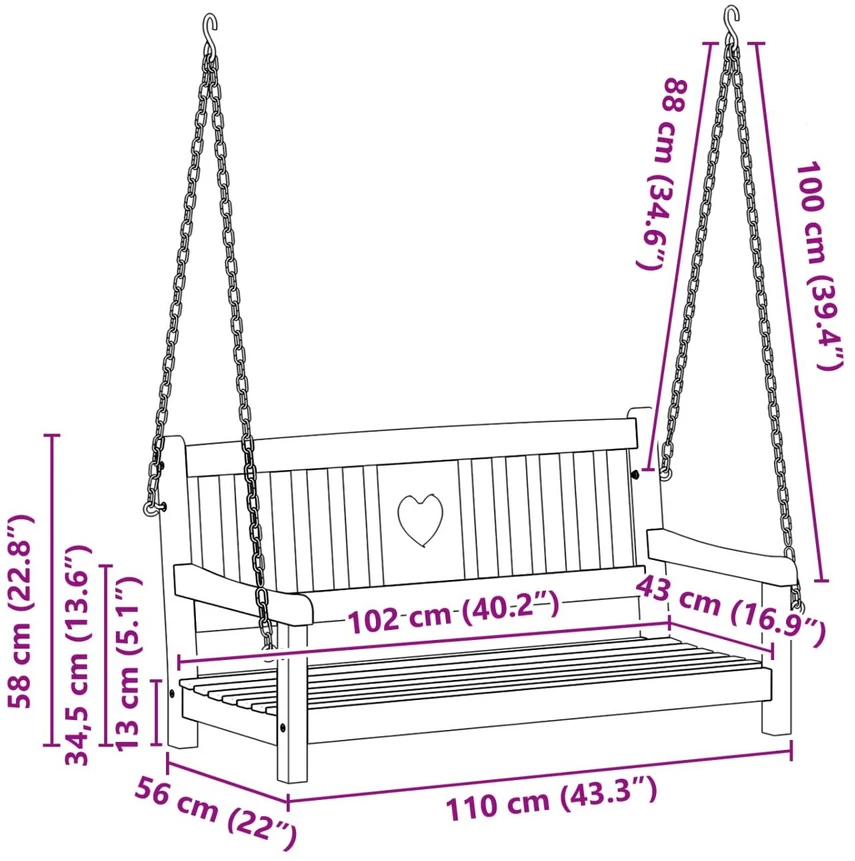 Sodo sūpynė su suoleliu 2 -Seater 110 x 56 x 58 cm Natūrali