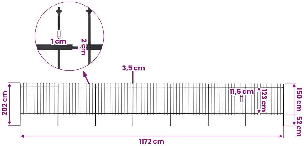Sodo tvora su iečių viršugal., juoda, 11,9x1,5m, plienas