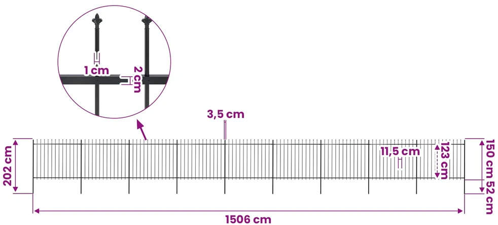 Sodo tvora su iečių viršugal., juoda, 15,3x1,5m, plienas
