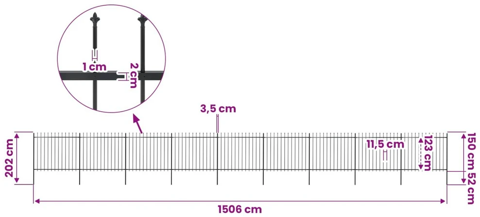 Sodo tvora su iečių viršugal., juoda, 15,3x1,5m, plienas