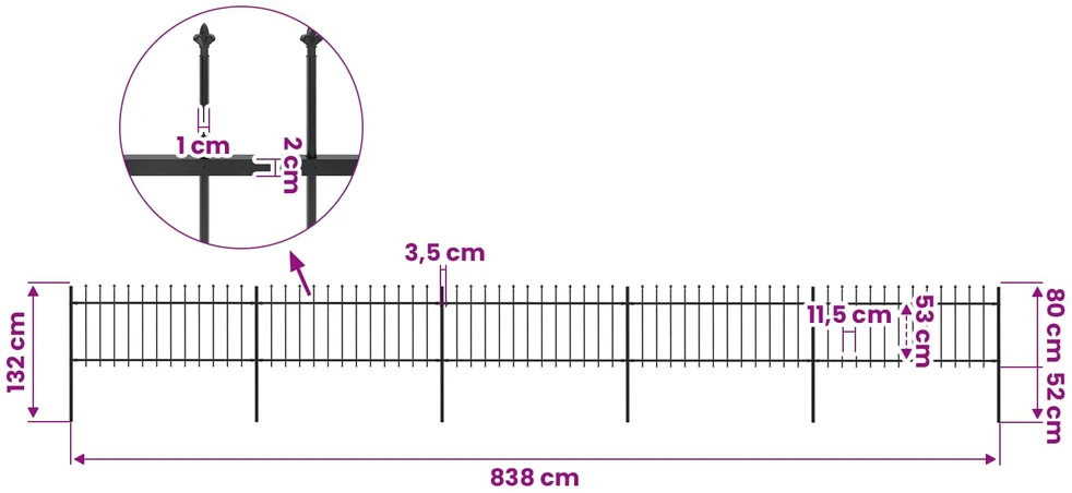 Sodo tvora su iečių viršugal., juoda, 8,5x0,8m, plienas
