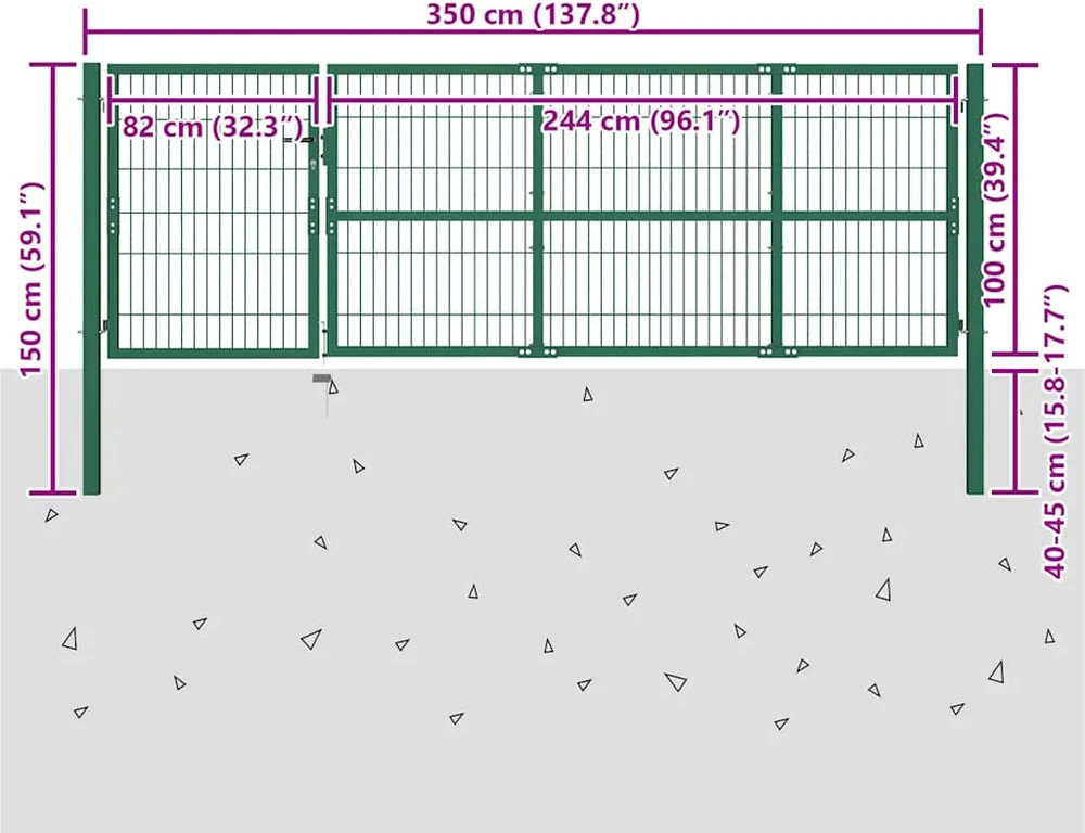 Sodo/kiemo vartai, su stulpais, žali, 350x100cm, plienas