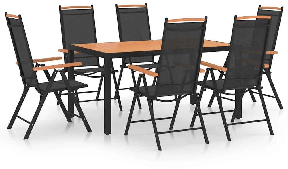 Lauko baldų komplektas Sodo valgomojo baldų komplektas, 7 dalių, juodas, aliuminis