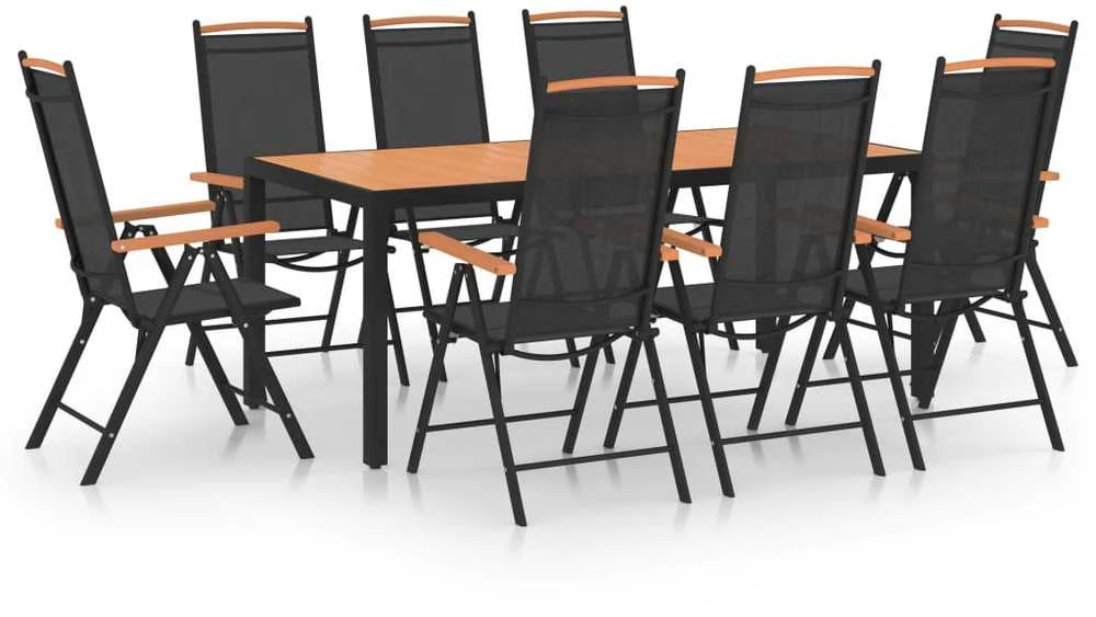 Lauko baldų komplektas Sodo valgomojo baldų komplektas, 9 dalių, juodas, aluminis