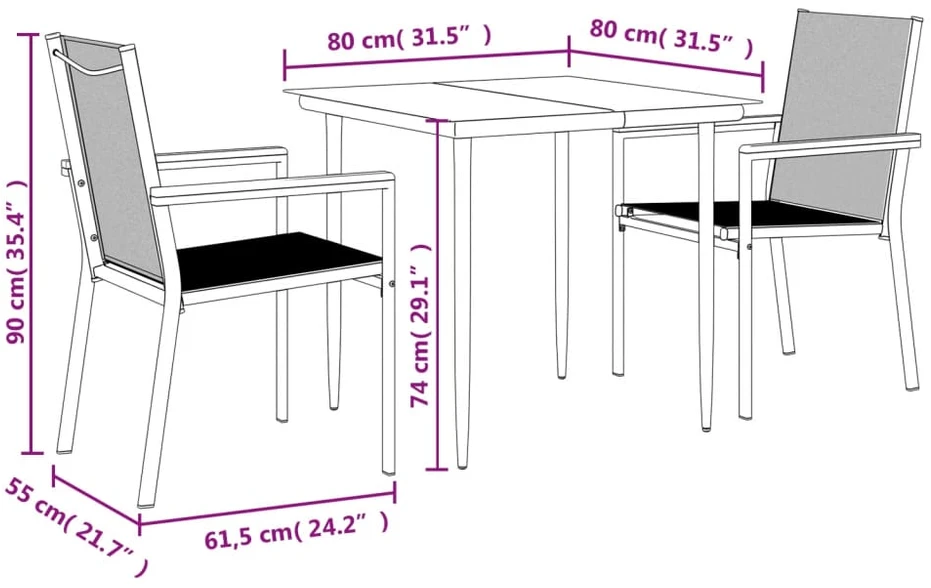 Lauko baldų komplektas Sodo valgomojo komplektas, 3 dalių, juodas, tekstilenas/plienas