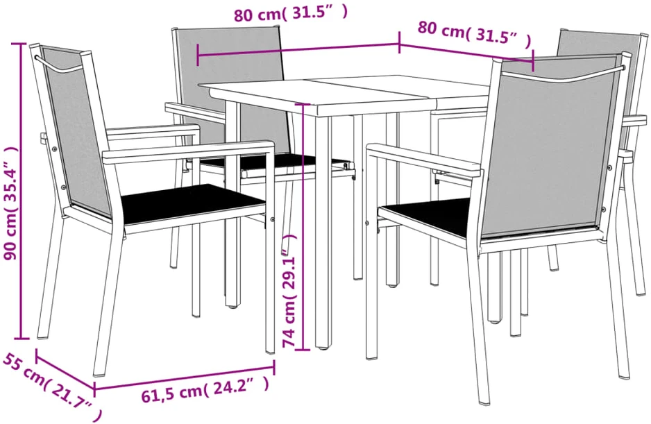 Lauko baldų komplektas Sodo valgomojo komplektas, 5 dalių, juodas, tekstilenas/plienas