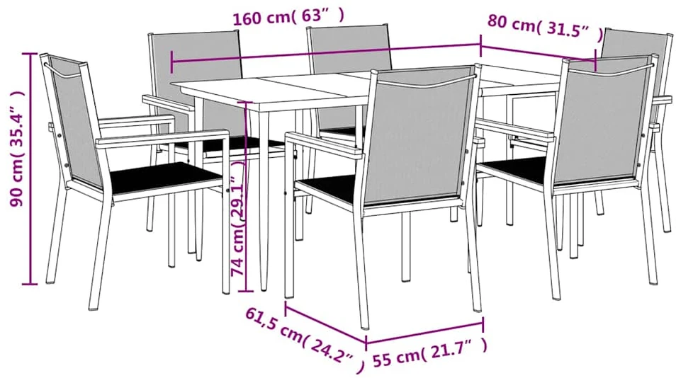 Lauko baldų komplektas Sodo valgomojo komplektas, 7 dalių, juodas, tekstilenas/plienas