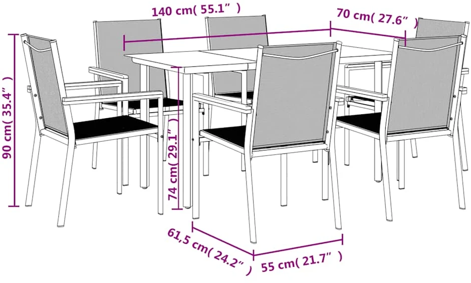 Lauko baldų komplektas Sodo valgomojo komplektas, 7 dalių, juodas, tekstilenas/plienas