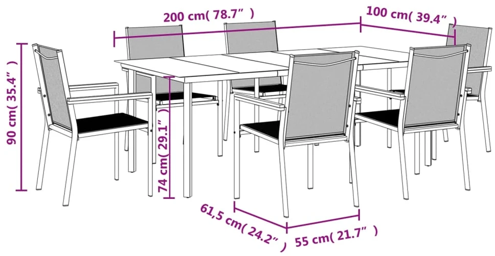 Lauko baldų komplektas Sodo valgomojo komplektas, 7 dalių, juodas, tekstilenas/plienas