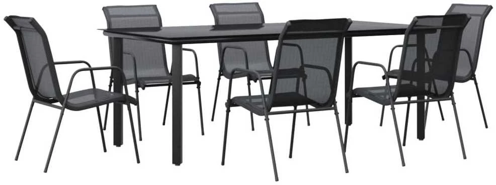 Lauko baldų komplektas Sodo valgomojo komplektas, 7 dalių, juodas, plienas/tekstilenas