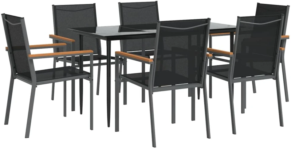 Lauko baldų komplektas Sodo valgomojo komplektas, 7 dalių, juodas, tekstilenas/plienas