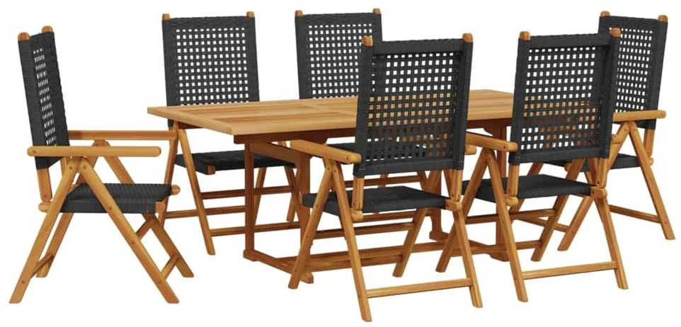 Lauko baldų komplektas Sodo valgomojo komplektas, 7 dalių, juodas, poliratanas/akacija