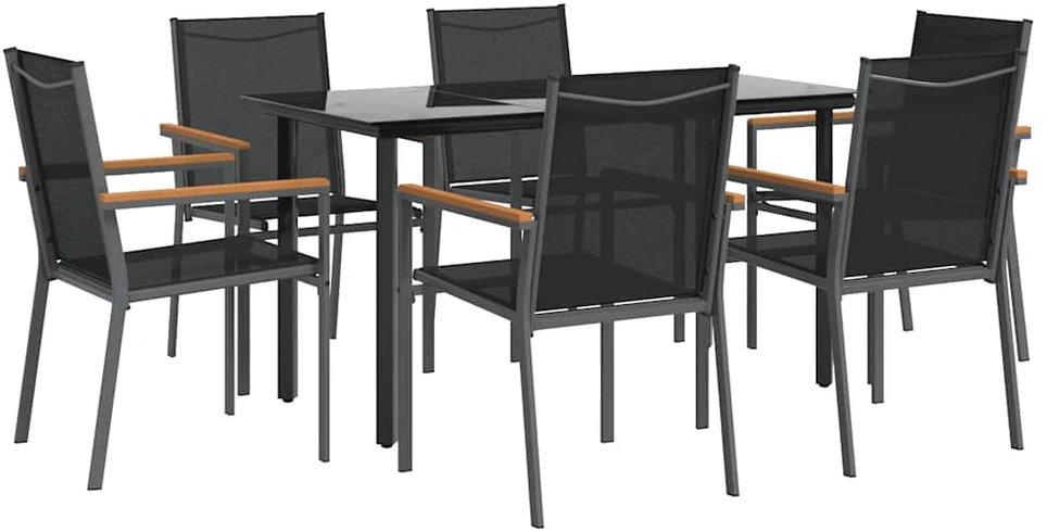 Lauko baldų komplektas Sodo valgomojo komplektas, 7 dalių, juodas, tekstilenas/plienas